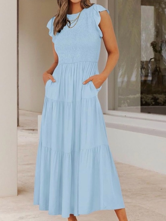 Zesica Dresses & Skirts - Light Blue Smocked Tiered Modest Maxi Dress